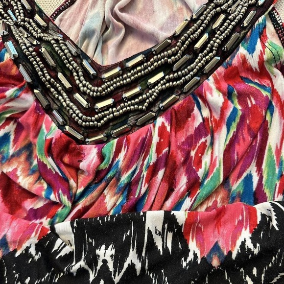 NY Collection Colorful Ikat  tribal hippie sleeveless v-neck beaded sheath sleev - Picture 6 of 8